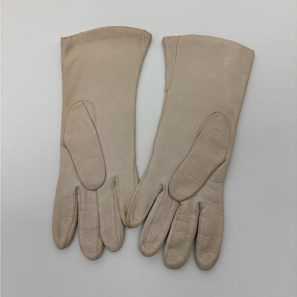 Vintage Wayne Taylor Italian Leather Gloves – Size 7 Ivory Beige – Acrylic Lined